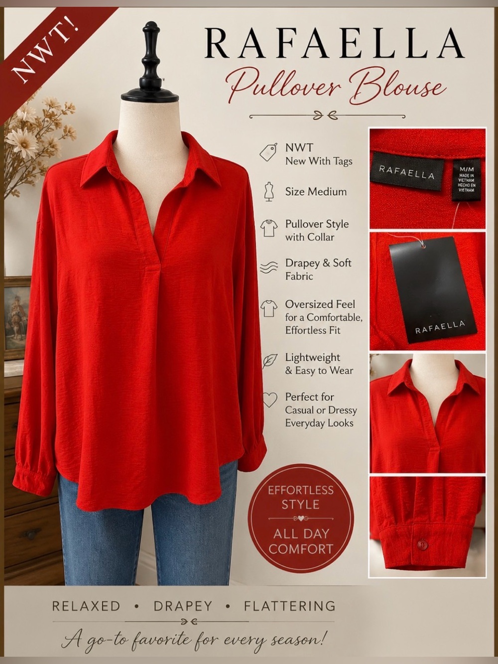 Rafaella Vibrant Red Split V-Neck Button Front Shirt